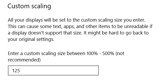 Windows custom scaling settings page